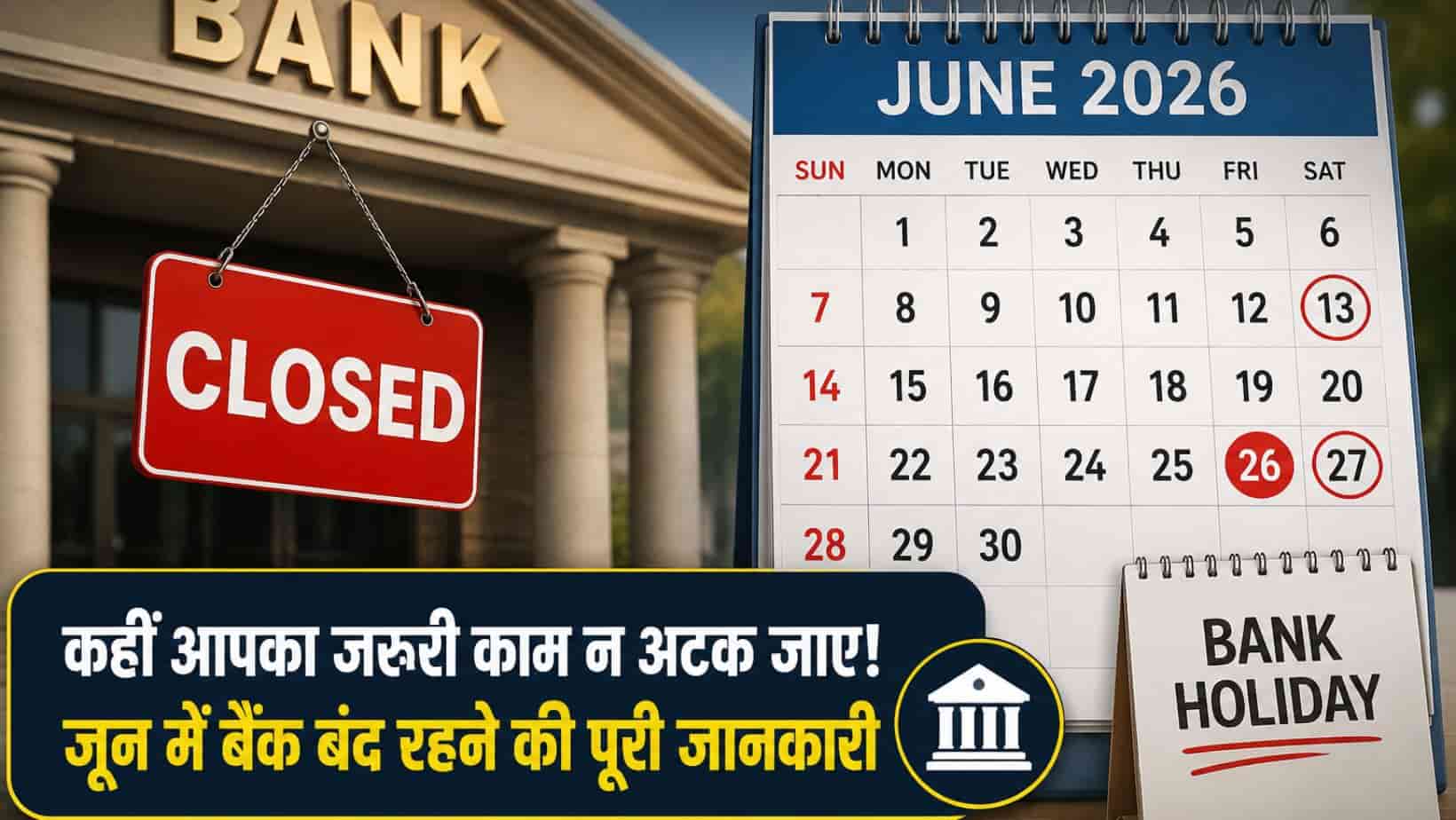 Bank Holidays June 2026 : जून माह में बैंक जाने से पहले देखें छुट्टियों का कैलेंडर, कब-कब बंद रहेंगे बैंक