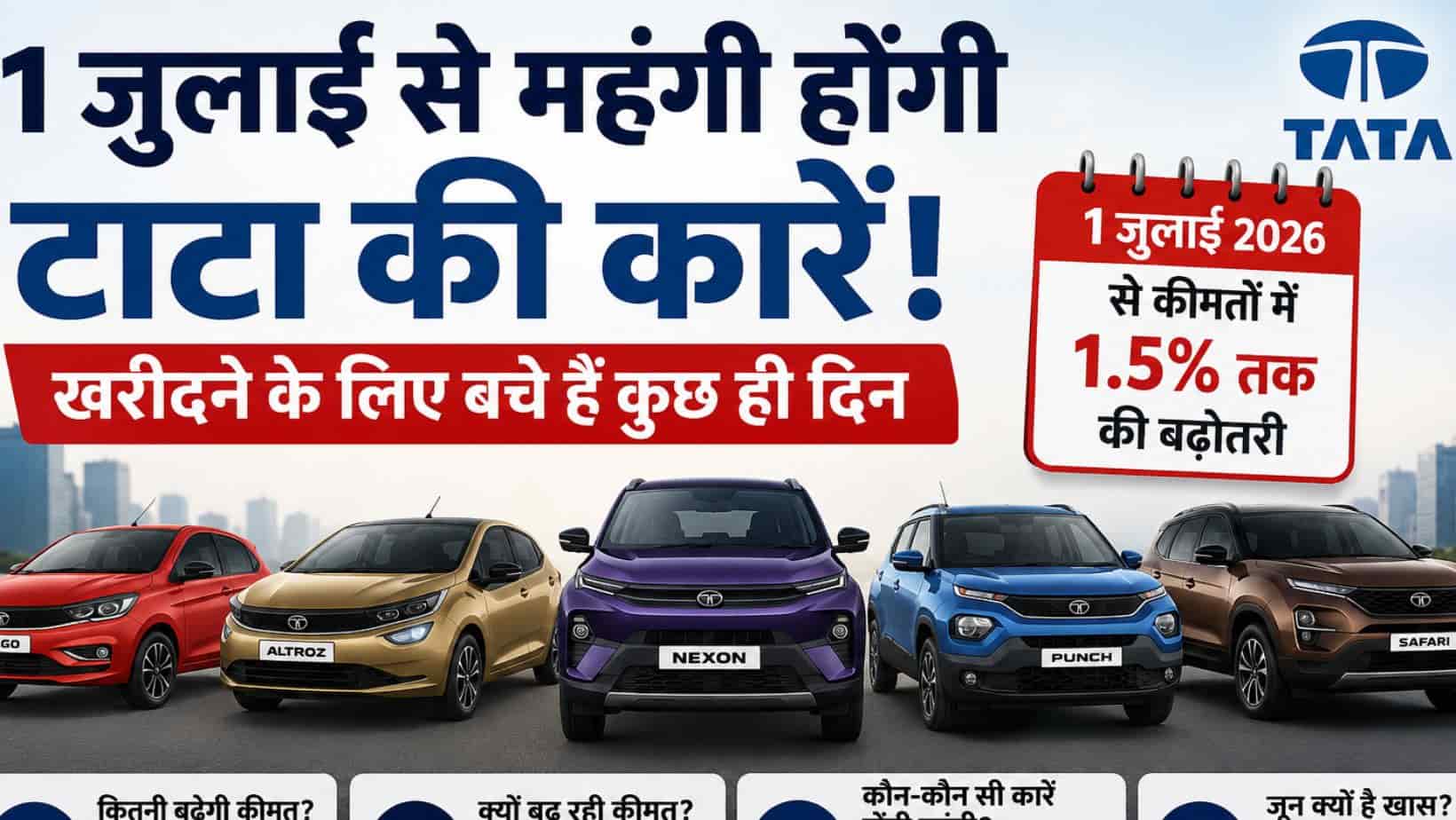 Tata New Car : टाटा कार खरीदने का आखिरी सस्ता मौका, 1 जुलाई से सभी मॉडल होंगे महंगे