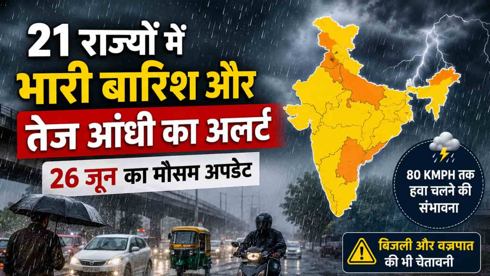 26 जून Weather Alert: 21 राज्यों में भारी बारिश और 80 KMPH की आंधी का अलर्ट